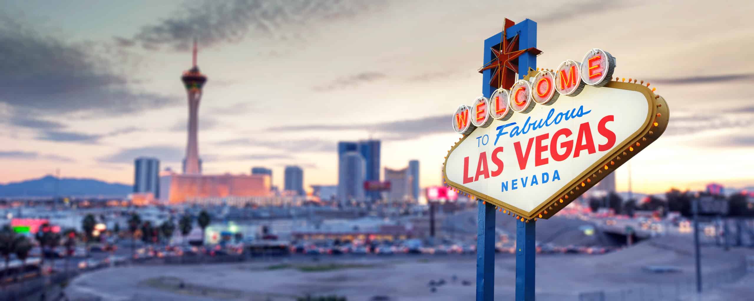 Iconic Welcome to Las Vegas sign at dusk