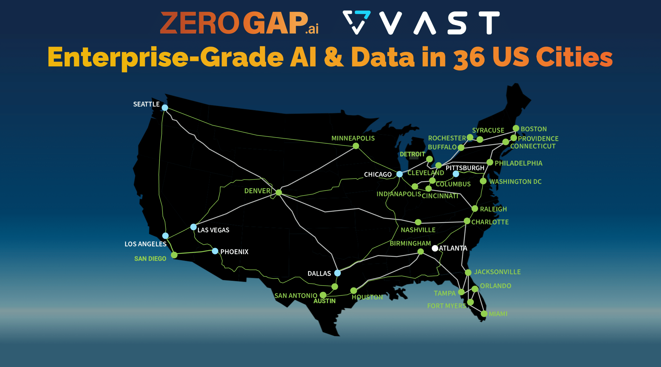 A map of the United States showing the first 36 markets to receive a highly-distributed AI and data fabric.